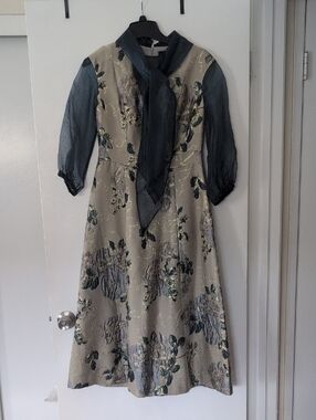 St. John Light and Dark Green Metallic Floral Midi Dress with Sheer Sleeves